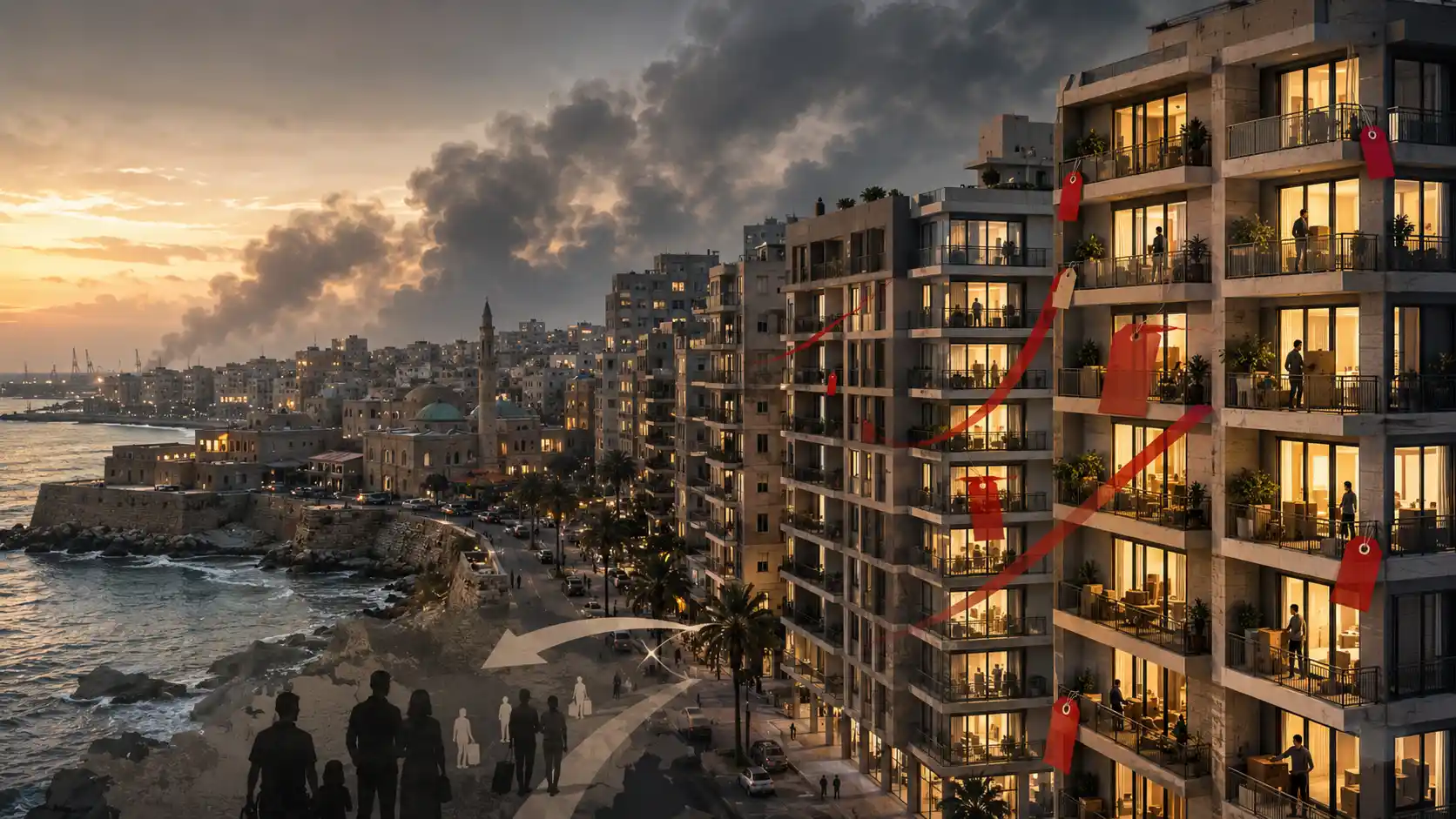 Coastal city at dusk with movement