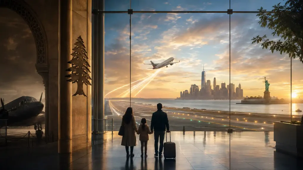Family at airport with sunset view