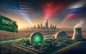 Futuristic desert with energy and flags