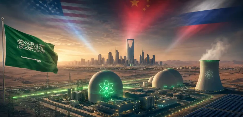 Futuristic desert with energy and flags