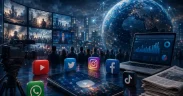 Futuristic media landscape with crowd and icons