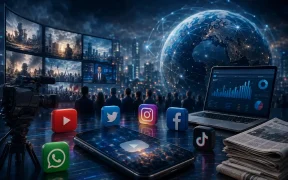 Futuristic media landscape with crowd and icons