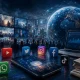 Futuristic media landscape with crowd and icons