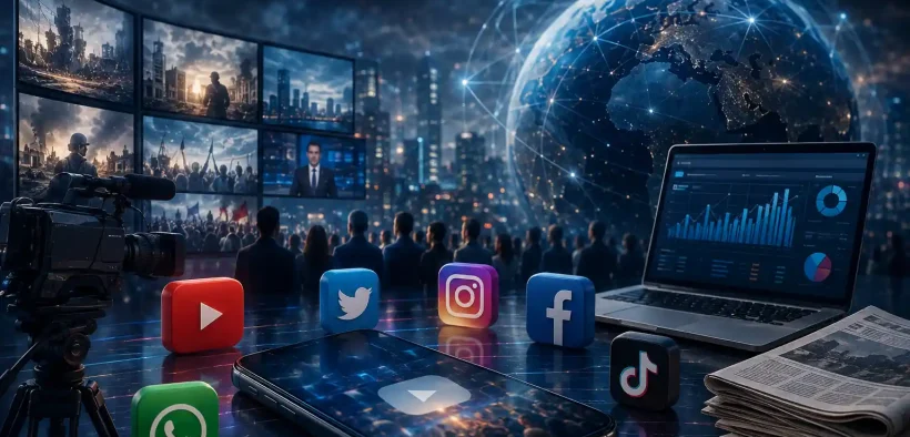 Futuristic media landscape with crowd and icons