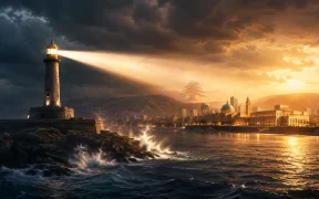 Lighthouse beam over the tranquil city