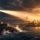 Lighthouse beam over the tranquil city