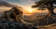 Majestic lion at sunrise over ancient landscape
