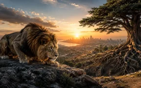 Majestic lion at sunrise over ancient landscape