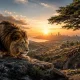 Majestic lion at sunrise over ancient landscape