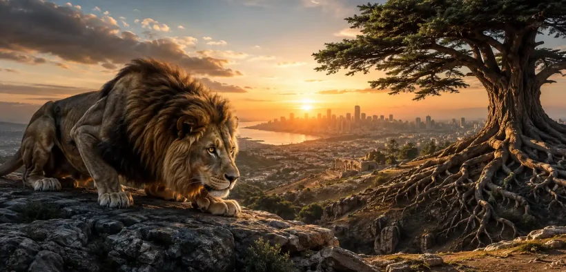 Majestic lion at sunrise over ancient landscape