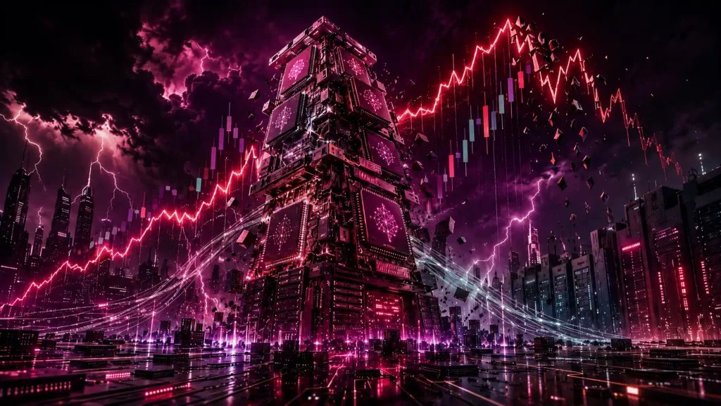 Neon data tower amid stormy chaos