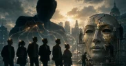 Puppet strings in a dystopian cityscape