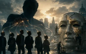 Puppet strings in a dystopian cityscape