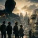 Puppet strings in a dystopian cityscape