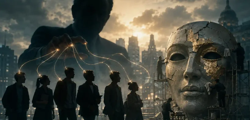 Puppet strings in a dystopian cityscape