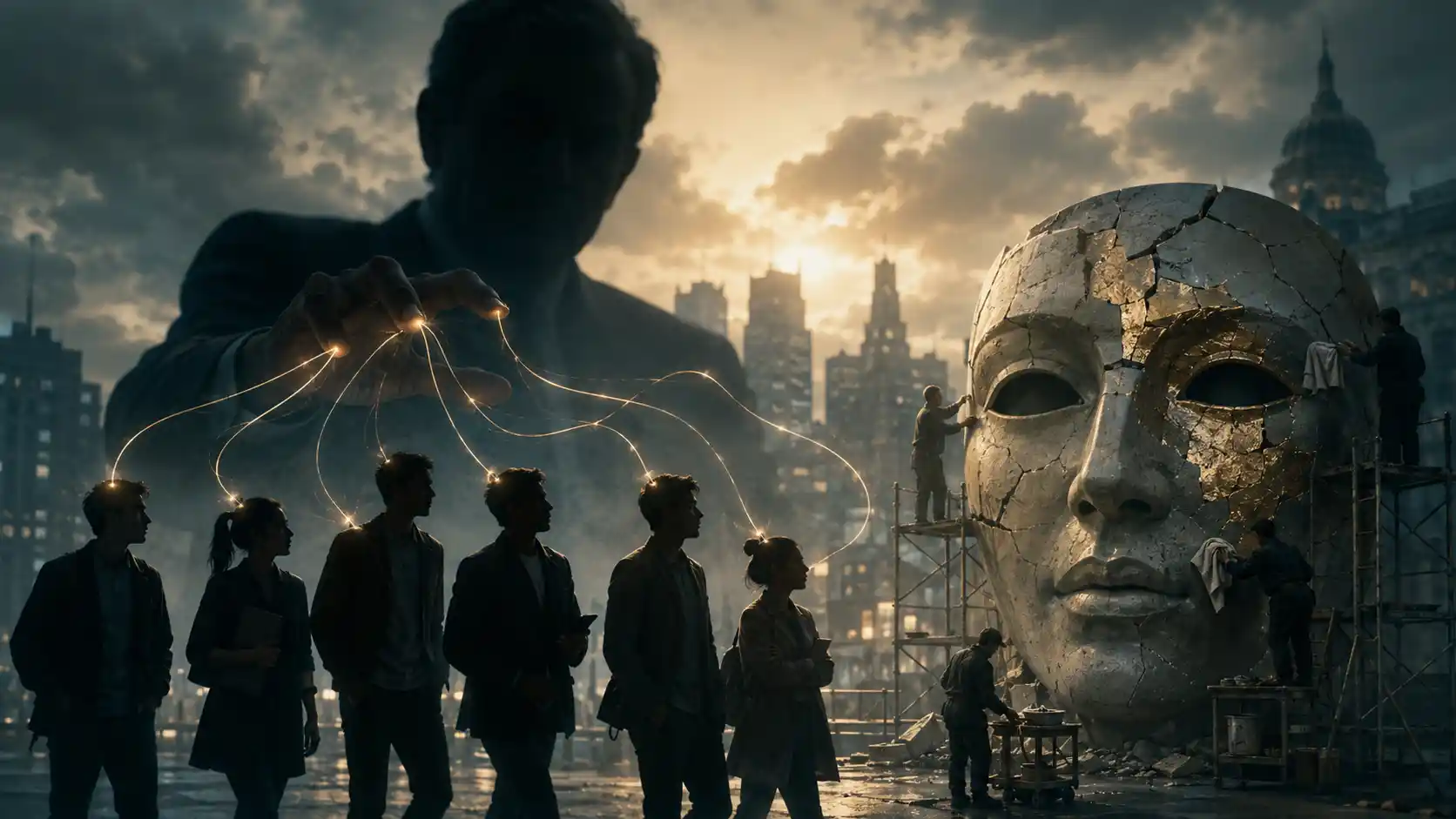 Puppet strings in a dystopian cityscape