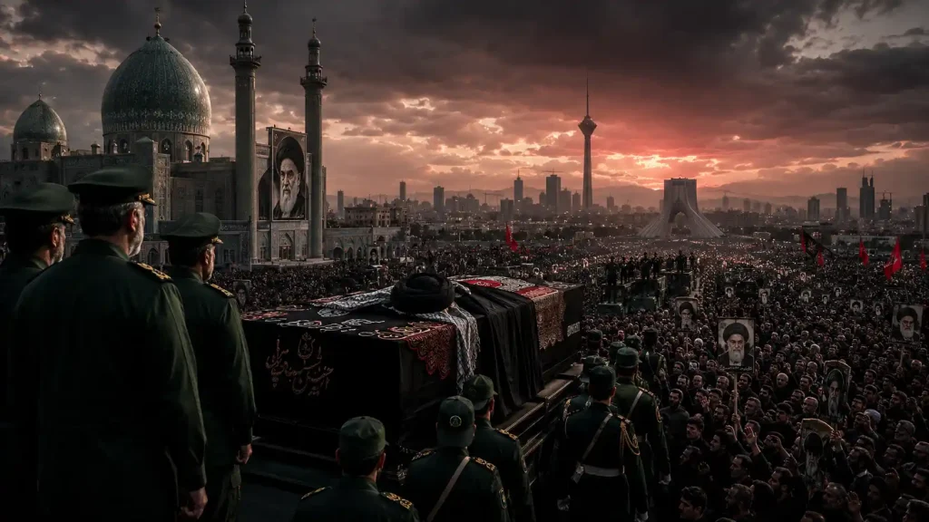 Somber military procession at dusk