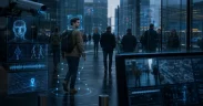 Surveillance urban plaza with AI overlays