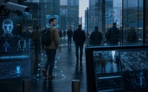 Surveillance urban plaza with AI overlays