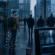 Surveillance urban plaza with AI overlays
