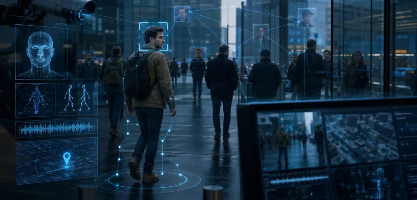 Surveillance urban plaza with AI overlays