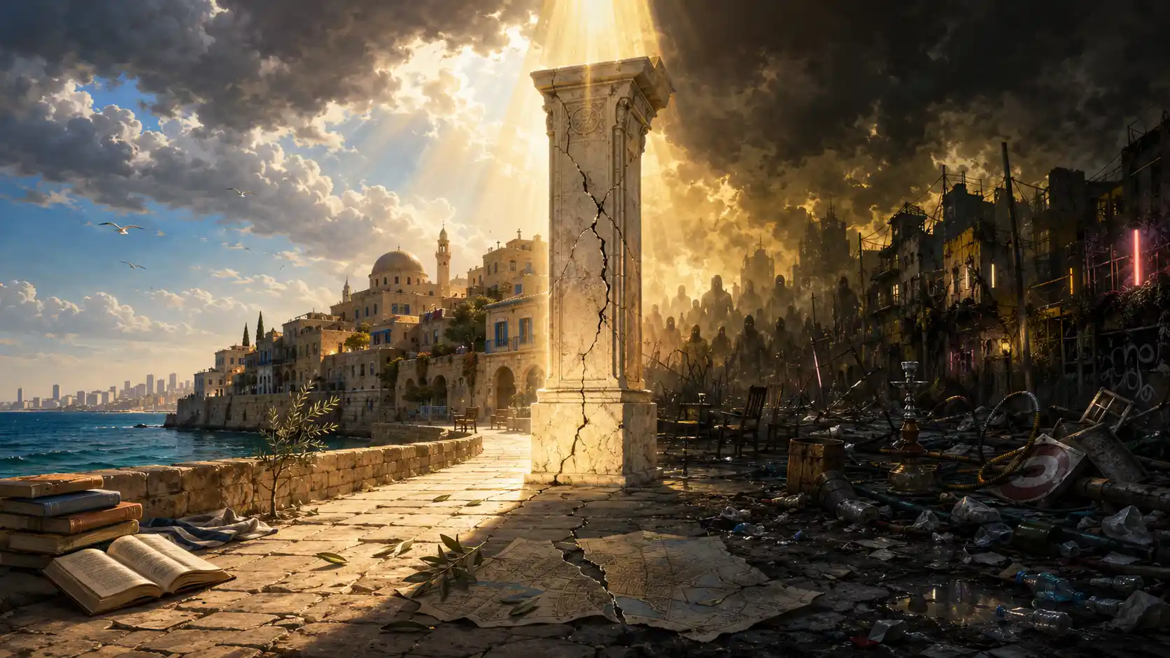 The divided cityscape of fate