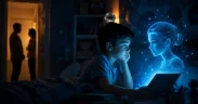 Boy and Holographic AI at Night