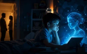 Boy and Holographic AI at Night