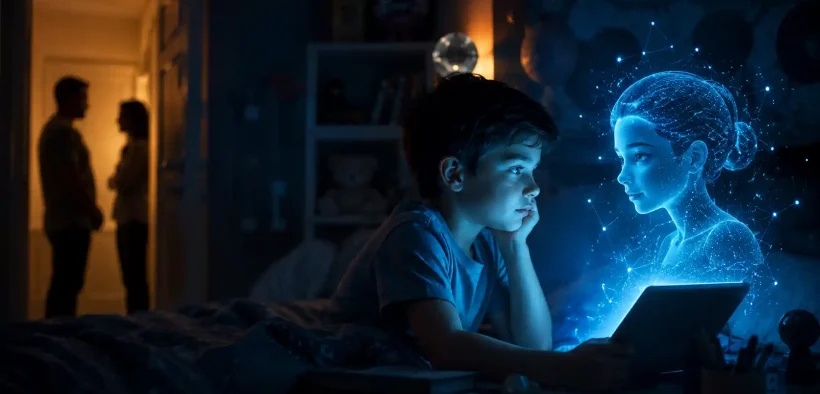 Boy and Holographic AI at Night