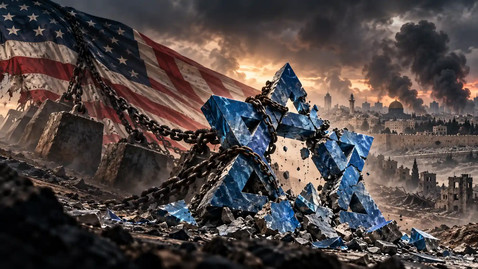 Broken Star of David Beneath a Tattered Flag